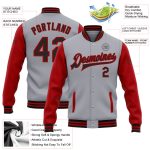 Personalized Varsity Letterman Bomber Jacket Gray Black Red Two Tone Full-Snap Design Personalized Gray Black-Red Bomber