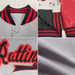 Personalized Varsity Letterman Bomber Jacket Gray Black Red Two Tone Full-Snap Design Personalized Gray Black-Red Bomber
