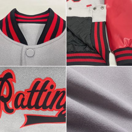 Personalized Varsity Letterman Bomber Jacket Gray Black Red Two Tone Full-Snap Design Personalized Gray Black-Red Bomber