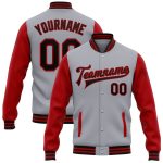 Personalized Varsity Letterman Bomber Jacket Gray Black Red Two Tone Full-Snap Design Personalized Gray Black-Red Bomber