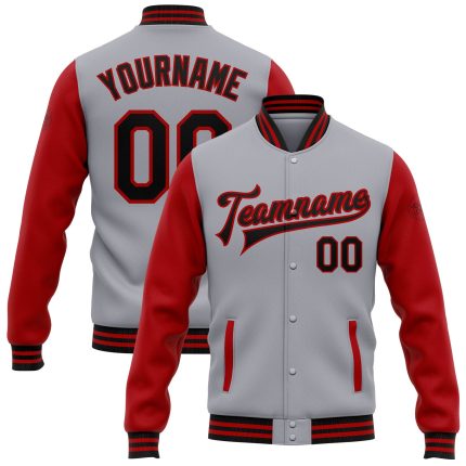 Personalized Varsity Letterman Bomber Jacket Gray Black Red Two Tone Full-Snap Design Personalized Gray Black-Red Bomber