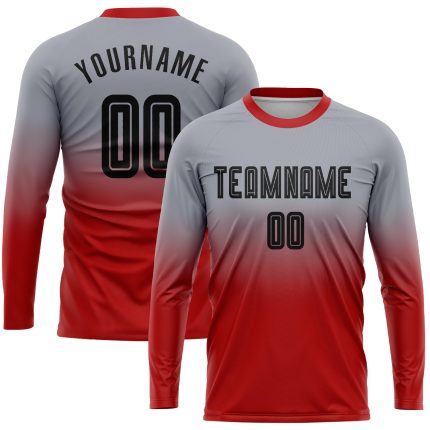 Custom Soccer Jersey with Personalized Name and Number - Gray Black Red Sublimation Long Sleeve Team Uniform Personalized