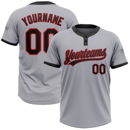 Custom Name and Number Softball Jersey Unisex Gray Black-Red Two-Button Design Personalized Gray Black-Red Two-Button Unisex