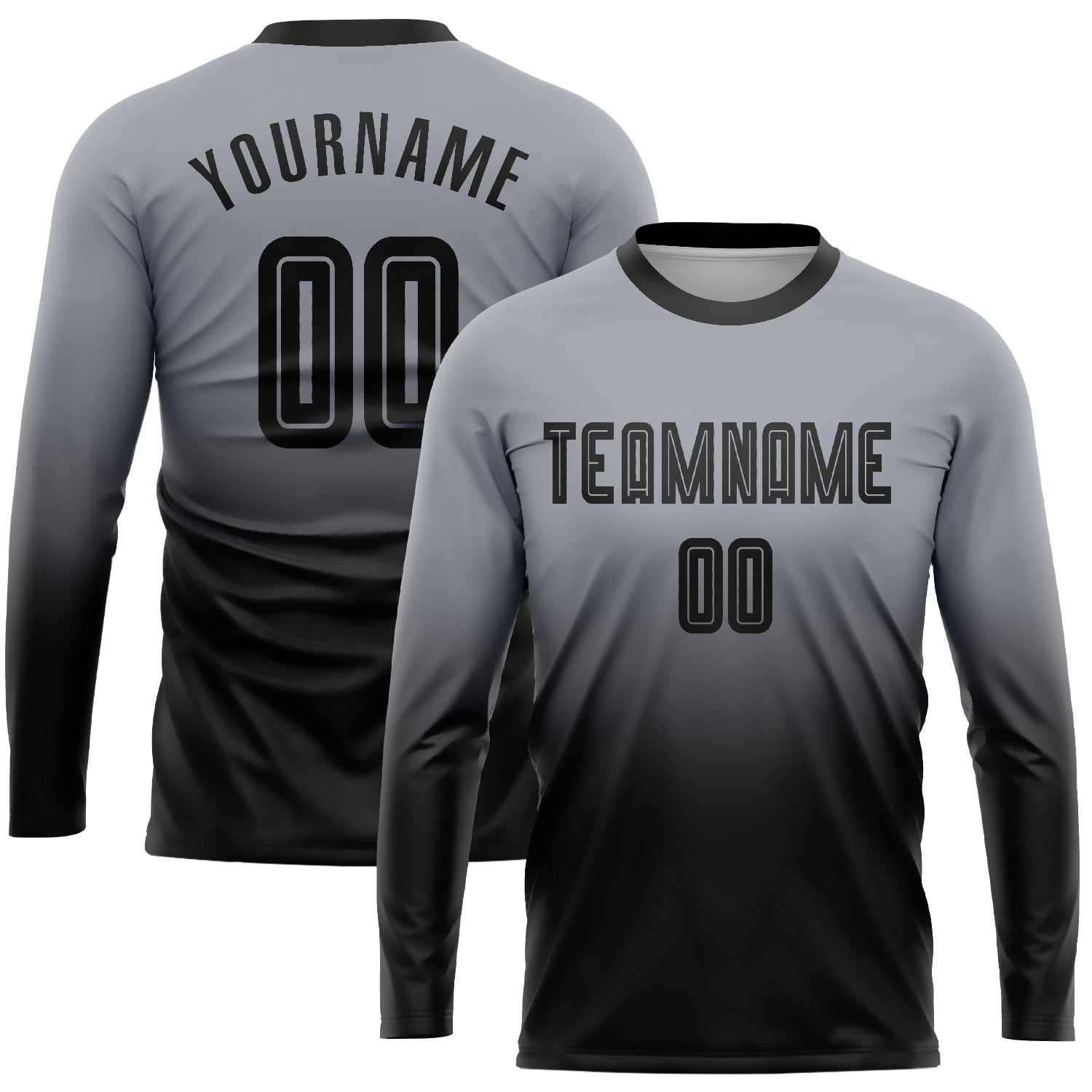 Custom Name and Number Soccer Jersey - Personalized Gray Black Long Sleeve Fade Fashion Uniform Personalized Gray Black Sublimation