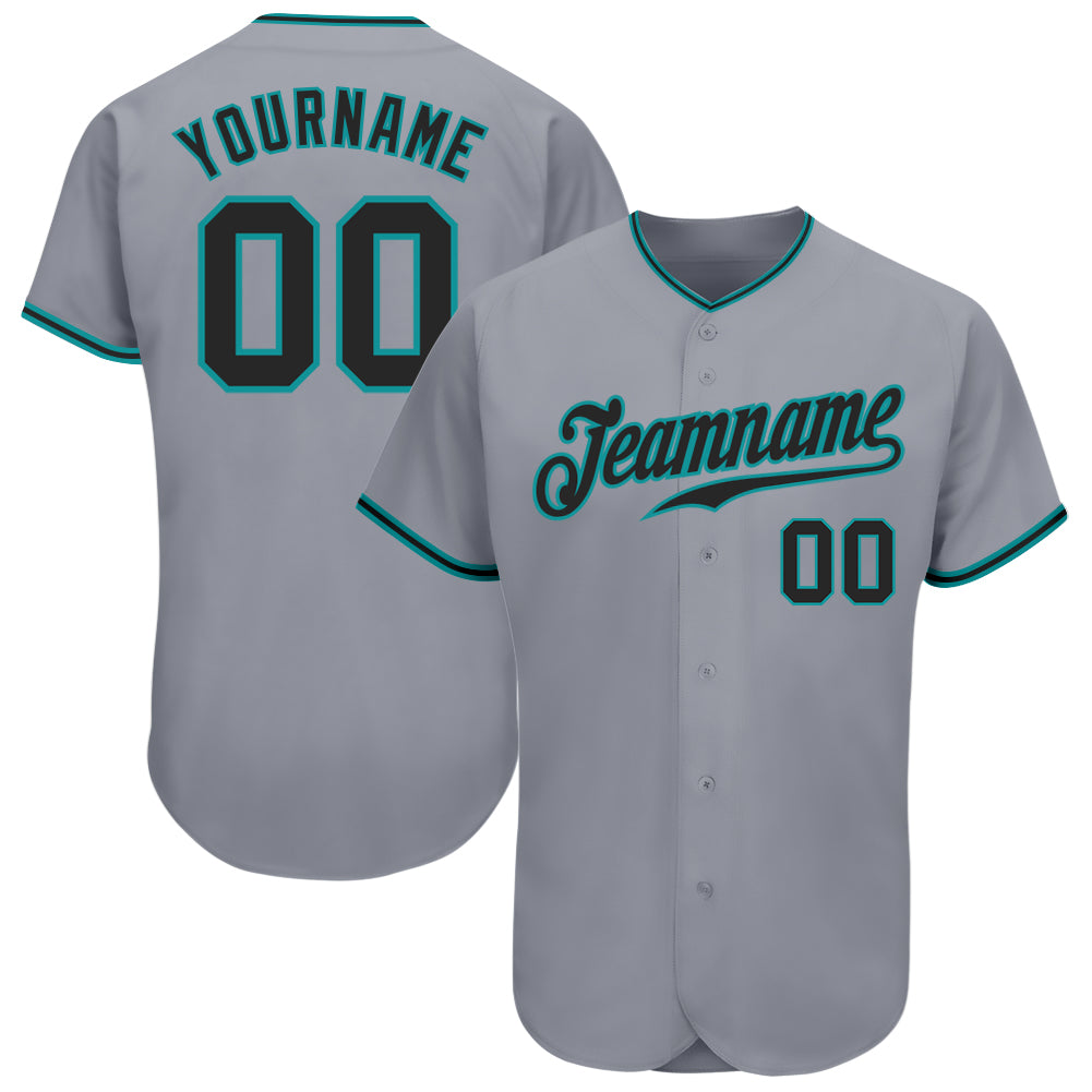 Custom Name and Number Personalized Baseball Jersey in Gray Black-Teal, Authentic Team Apparel Personalized Gray Black-Teal