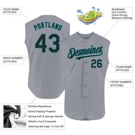 Custom Personalized Baseball Jersey with Name and Number - Gray Black Teal Sleeveless Personalized Gray Black-Teal Authentic