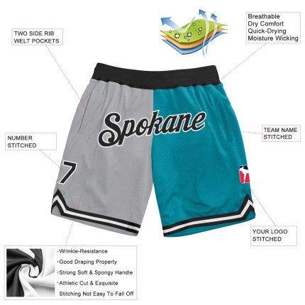 Custom Name Number Basketball Shorts | Personalized Gray Black Teal Authentic Throwback Split Style Personalized Gray Black-Teal