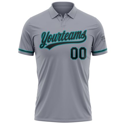 Custom Name and Number Vapor Golf Polo Shirt in Gray Black-Teal, Personalized Performance Team Shirt Personalized Gray Black-Teal