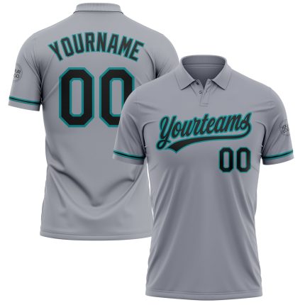 Custom Name and Number Vapor Golf Polo Shirt in Gray Black-Teal, Personalized Performance Team Shirt Personalized Gray Black-Teal
