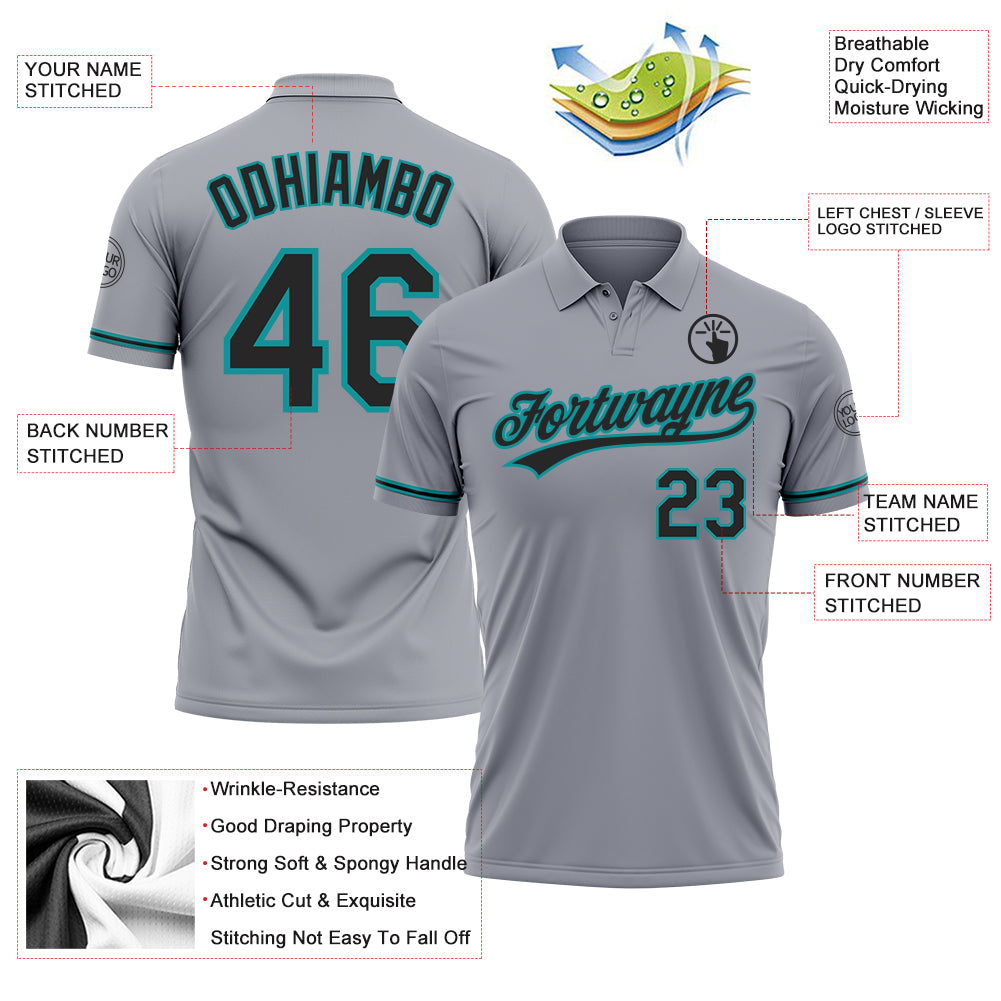 Personalized Gray Black-Teal Performance Vapor Golf Polo Shirt Team Custom Name and Number Custom Name and Number Vapor Golf Polo Shirt in Gray Black-Teal, Personalized Performance Team Shirt Personalized Gray Black-Teal - Image 3