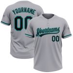 Custom Name and Number Gray Black-Teal Softball Jersey Unisex Two-Button Personalized Team Apparel Personalized Gray Black-Teal