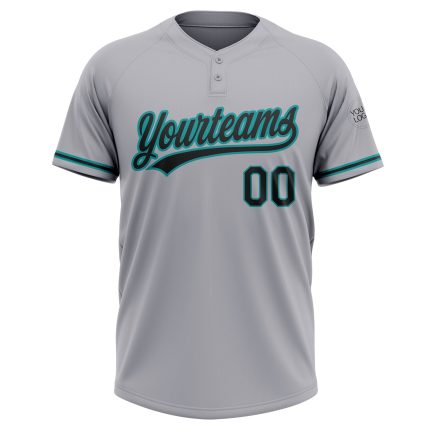 Custom Name and Number Gray Black-Teal Softball Jersey Unisex Two-Button Personalized Team Apparel Personalized Gray Black-Teal