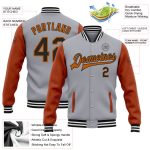Custom Two-Tone Gray Black Texas Orange Bomber Varsity Jacket with Name and Number - Full-Snap Letterman Design Personalized