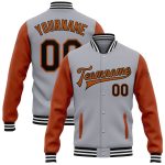 Custom Two-Tone Gray Black Texas Orange Bomber Varsity Jacket with Name and Number - Full-Snap Letterman Design Personalized
