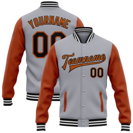 Custom Two-Tone Gray Black Texas Orange Bomber Varsity Jacket with Name and Number - Full-Snap Letterman Design Personalized