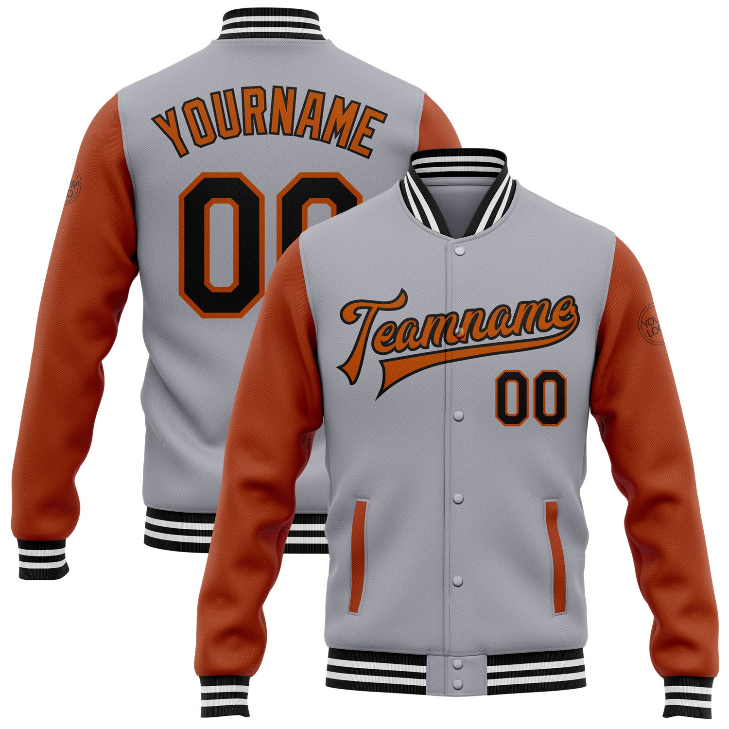 Custom Two-Tone Gray Black Texas Orange Bomber Varsity Jacket with Name and Number - Full-Snap Letterman Design Personalized