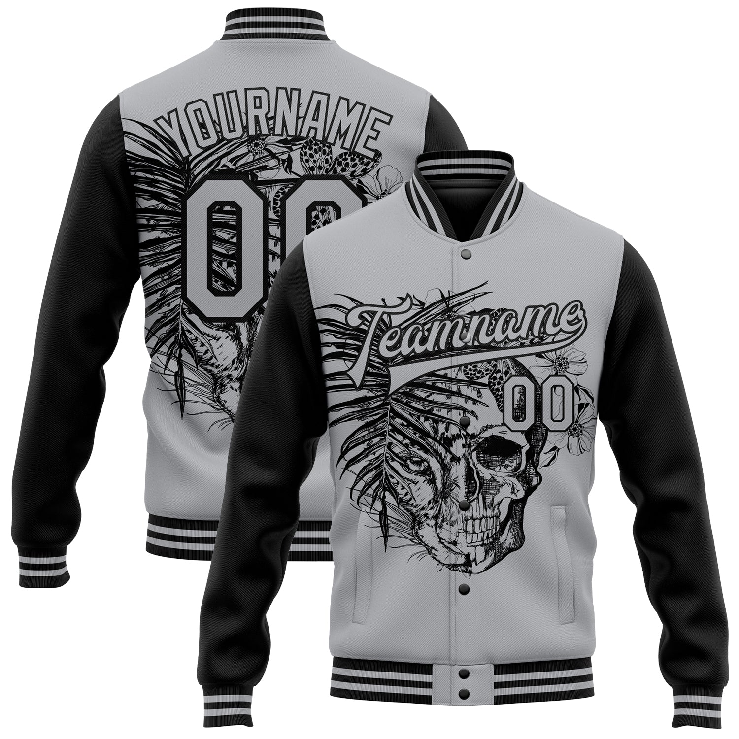 Personalized Tropical Plant Leopard Skull Bomber Jacket with Custom Name and Number - Gray Black 3D Full-Snap Varsity Style