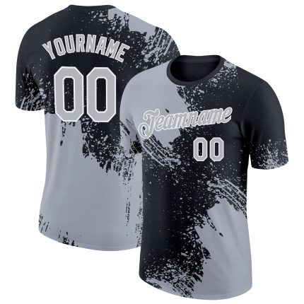 Custom Name and Number Performance T-Shirt - Personalized Gray Black-White 3D Abstract Brush Stroke Design Personalized Gray