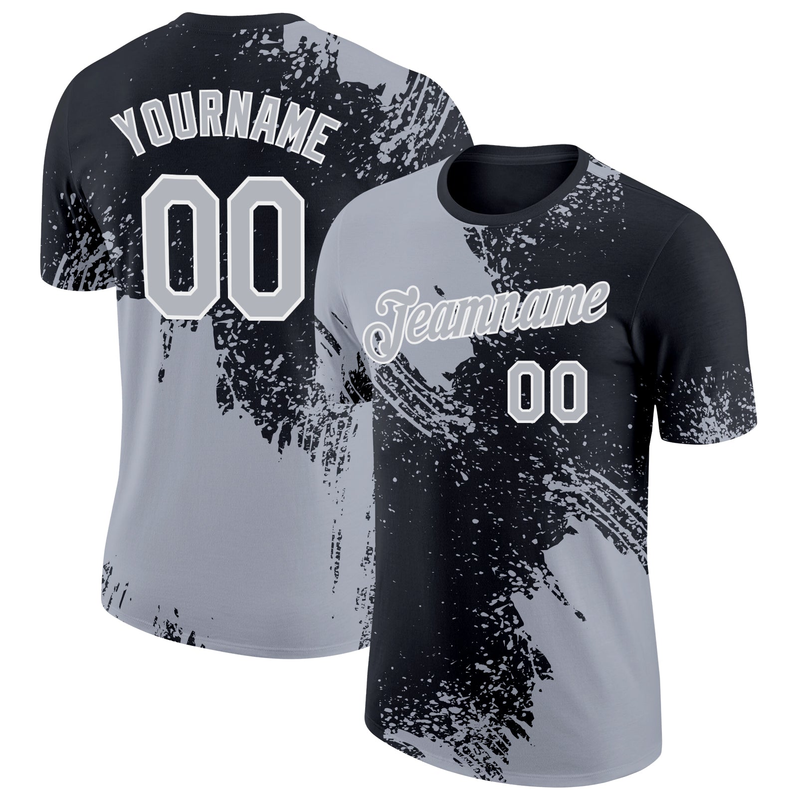Custom Name and Number Performance T-Shirt - Personalized Gray Black-White 3D Abstract Brush Stroke Design Personalized Gray