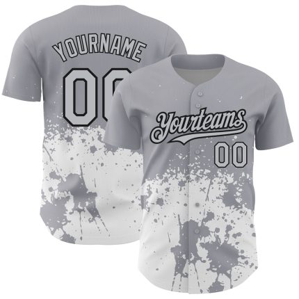 Custom Team Baseball Jersey with Personalized Name and Number, Gray Black-White 3D Abstract Splash Grunge Art Design Personalized