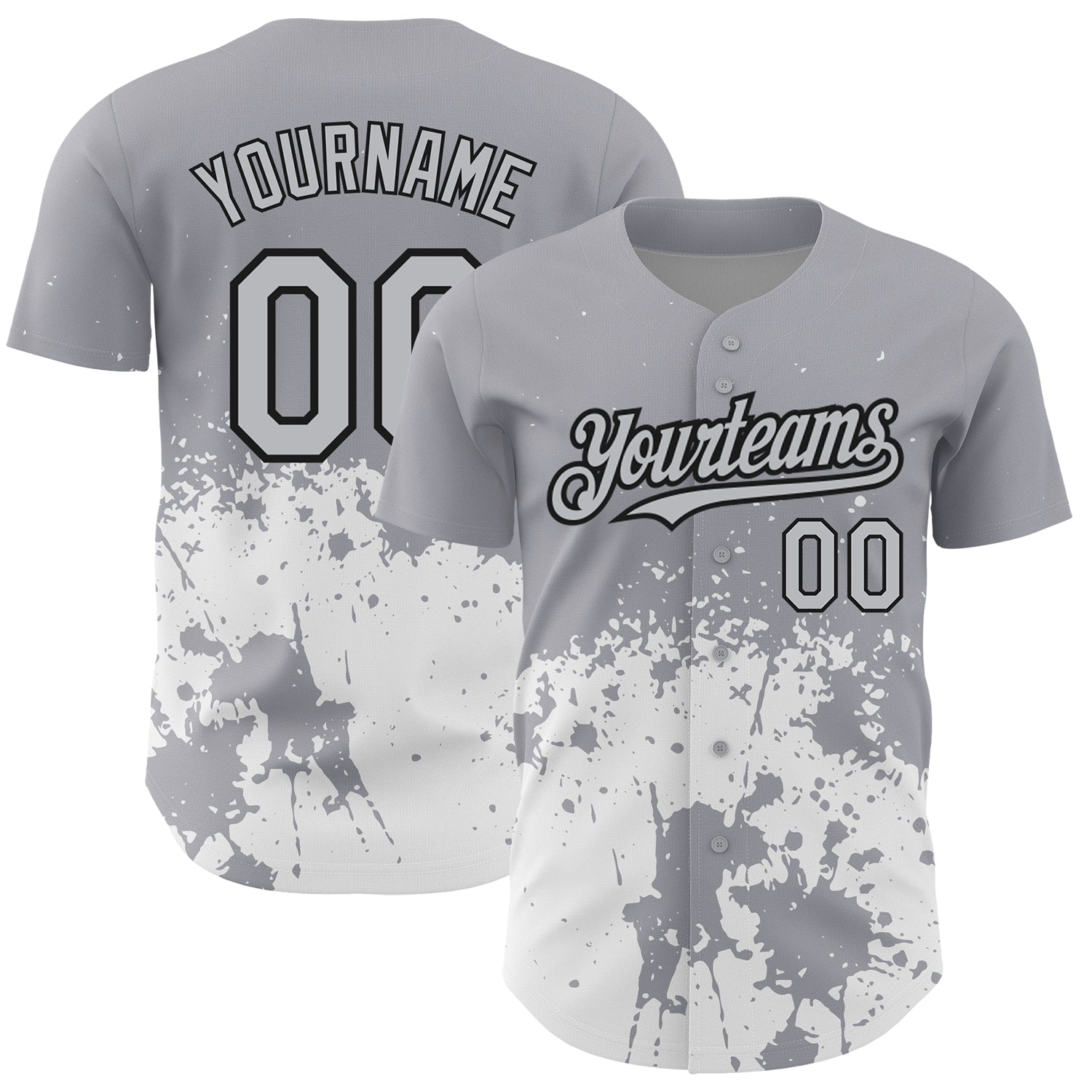 Custom Team Baseball Jersey with Personalized Name and Number, Gray Black-White 3D Abstract Splash Grunge Art Design Personalized