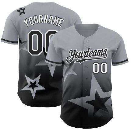 Custom Name and Number Authentic Baseball Jersey with 3D Twinkle Star Pattern - Personalized Gray Black-White Gradient Design