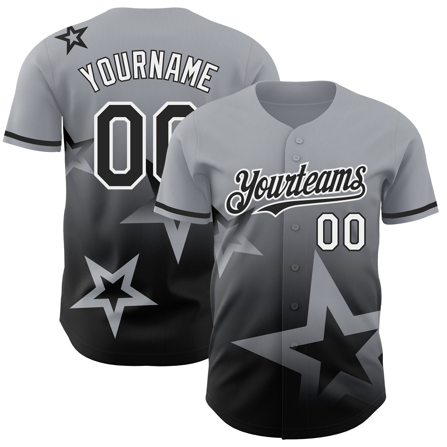 Custom Name and Number Authentic Baseball Jersey with 3D Twinkle Star Pattern - Personalized Gray Black-White Gradient Design