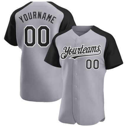 Custom Name Number Gray Black-White Baseball Jersey with Authentic Raglan Sleeves - Personalized Team Apparel Personalized