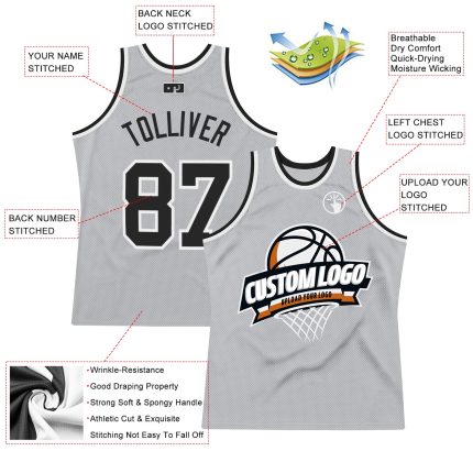 Authentic Personalized Basketball Jersey - Gray Black-White Throwback Design Personalized Gray Black-White Authentic Throwback