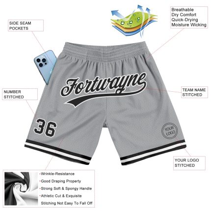 Personalized Authentic Basketball Shorts in Gray Black-White - Stylish Throwback Design Personalized Gray Black-White Authentic