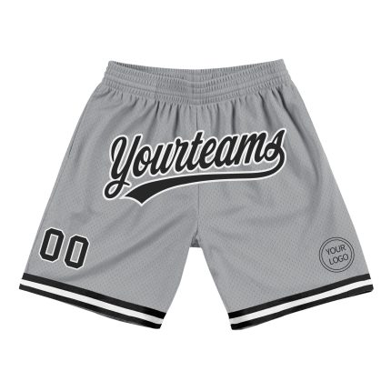 Personalized Authentic Basketball Shorts in Gray Black-White - Stylish Throwback Design Personalized Gray Black-White Authentic