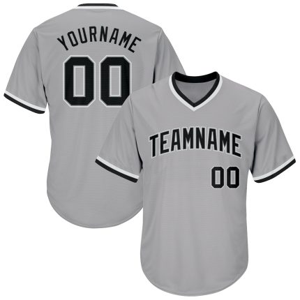 Personalized Baseball Jersey Shirt - Authentic Gray Black-White Rib-Knit Design Personalized Gray Black-White Authentic Throwback