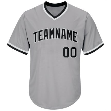 Personalized Baseball Jersey Shirt - Authentic Gray Black-White Rib-Knit Design Personalized Gray Black-White Authentic Throwback
