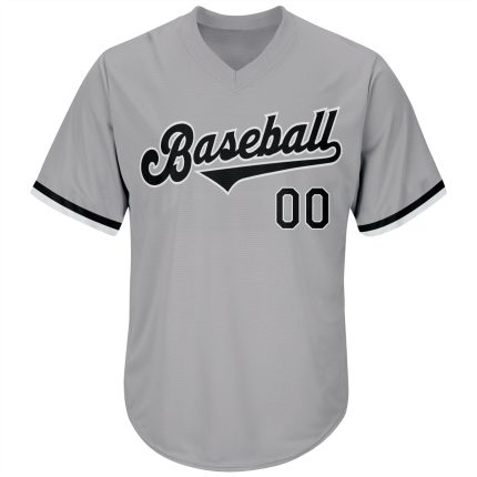 Custom Team Name and Number Baseball Jersey Shirt - Personalized Gray Black and White Authentic Throwback Rib-Knit Personalized
