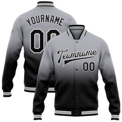 Custom Team Name Number Gray Black White Full-Snap Varsity Bomber Fade Fashion Jacket Personalized Gray Black-White Bomber