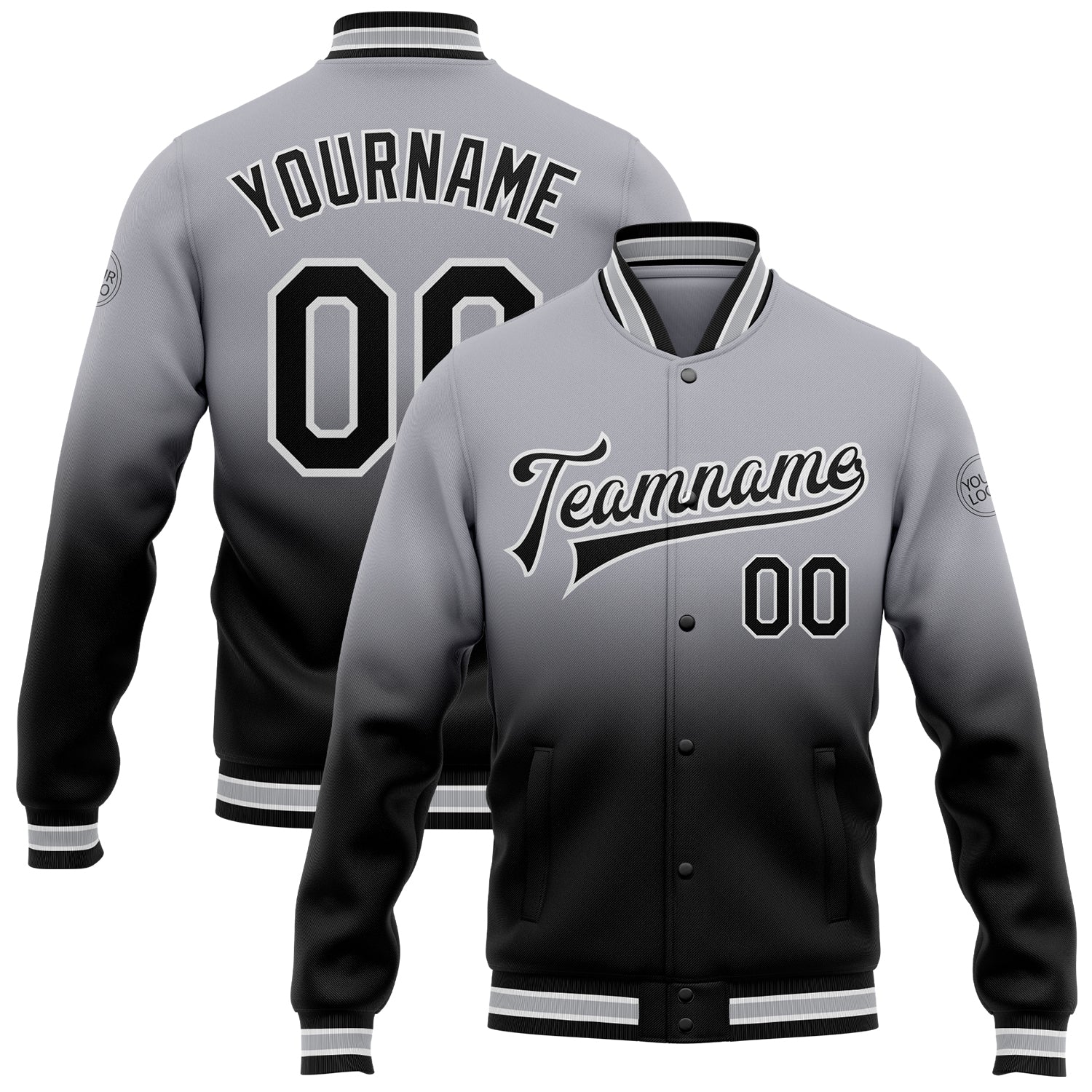 Custom Team Name Number Gray Black White Full-Snap Varsity Bomber Fade Fashion Jacket Personalized Gray Black-White Bomber