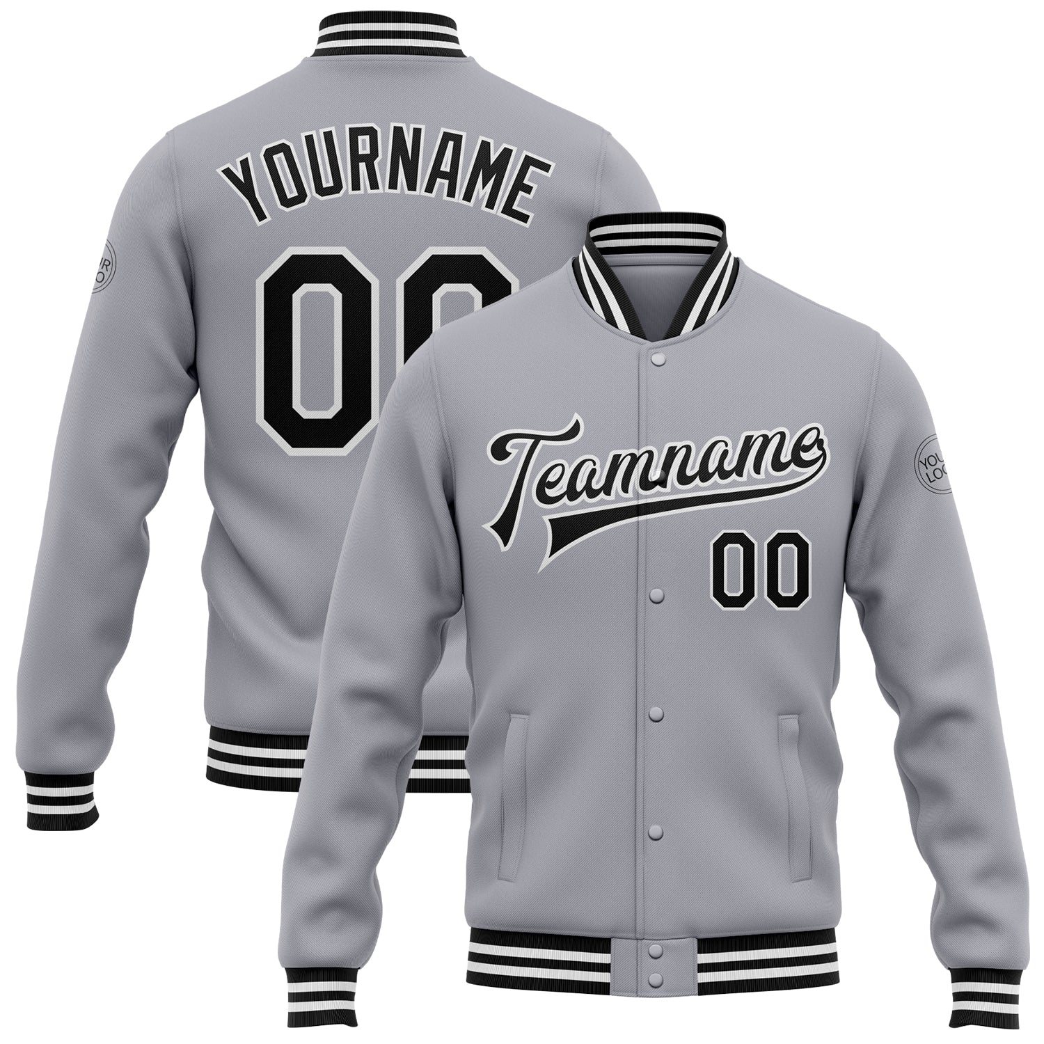 Custom Personalized Varsity Letterman Jacket - Gray Black and White Full-Snap Bomber Personalized Gray Black-White Bomber