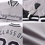 Custom Team Name and Number Gray Black-White Bomber Jacket Full-Snap Varsity Letterman Personalized Gray Black-White Bomber