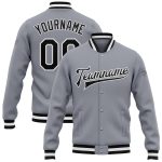 Custom Team Name and Number Gray Black-White Bomber Jacket Full-Snap Varsity Letterman Personalized Gray Black-White Bomber
