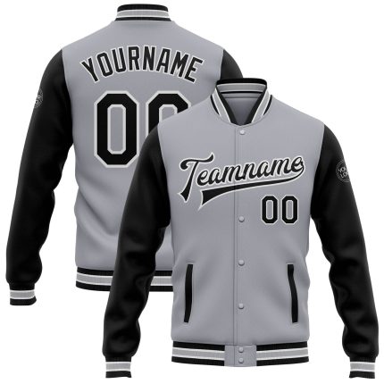 Custom Two Tone Bomber Jacket Gray Black White Full-Snap Varsity Letterman Personalized Gray Black-White Bomber Full-Snap
