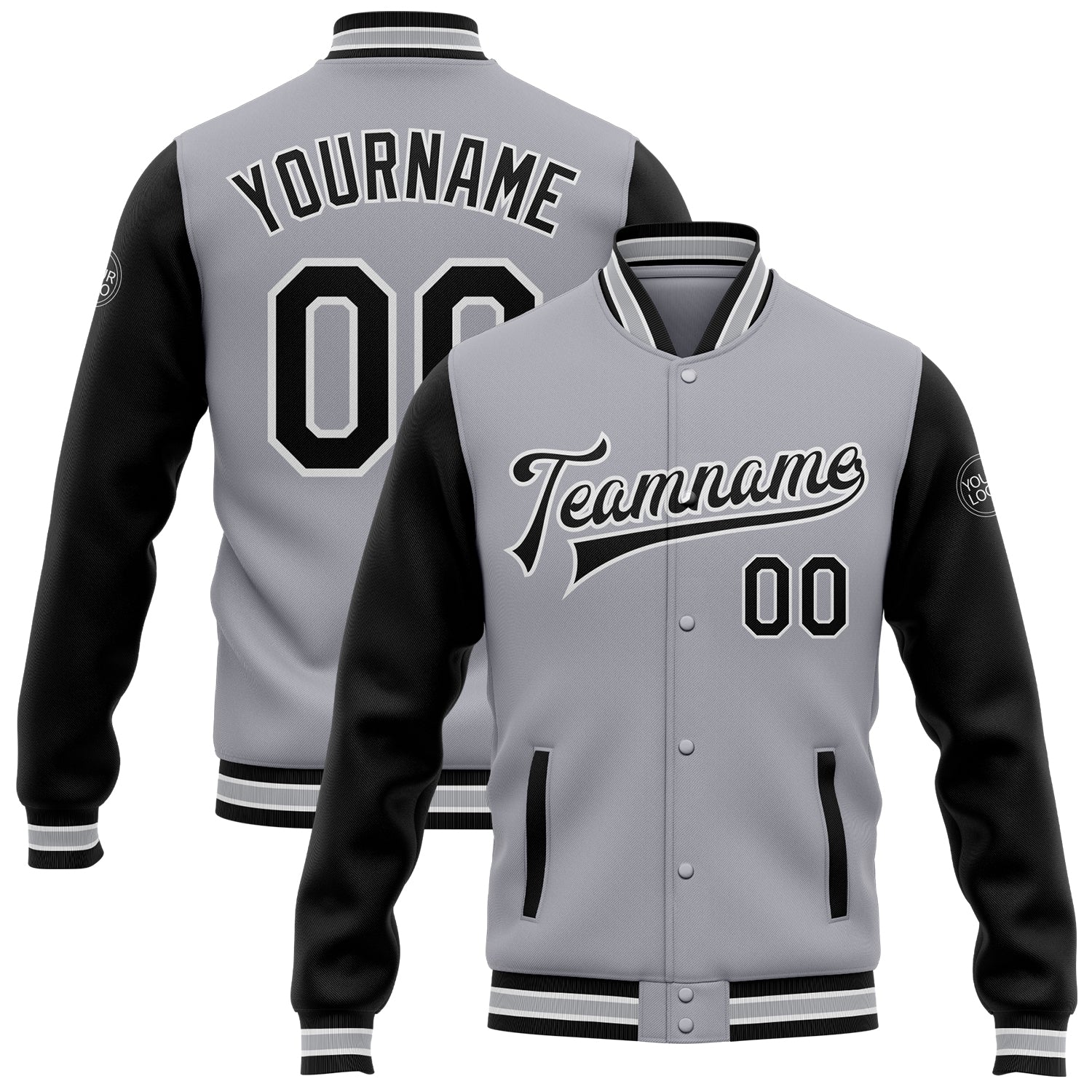 Custom Two Tone Bomber Jacket Gray Black White Full-Snap Varsity Letterman Personalized Gray Black-White Bomber Full-Snap