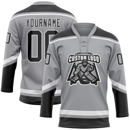 Custom Team Jersey with Personalized Name & Number - Gray Black-White Hockey Lace Neck Personalized Gray Black-White Hockey