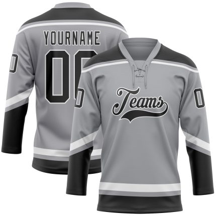 Custom Team Jersey with Personalized Name & Number - Gray Black-White Hockey Lace Neck Personalized Gray Black-White Hockey