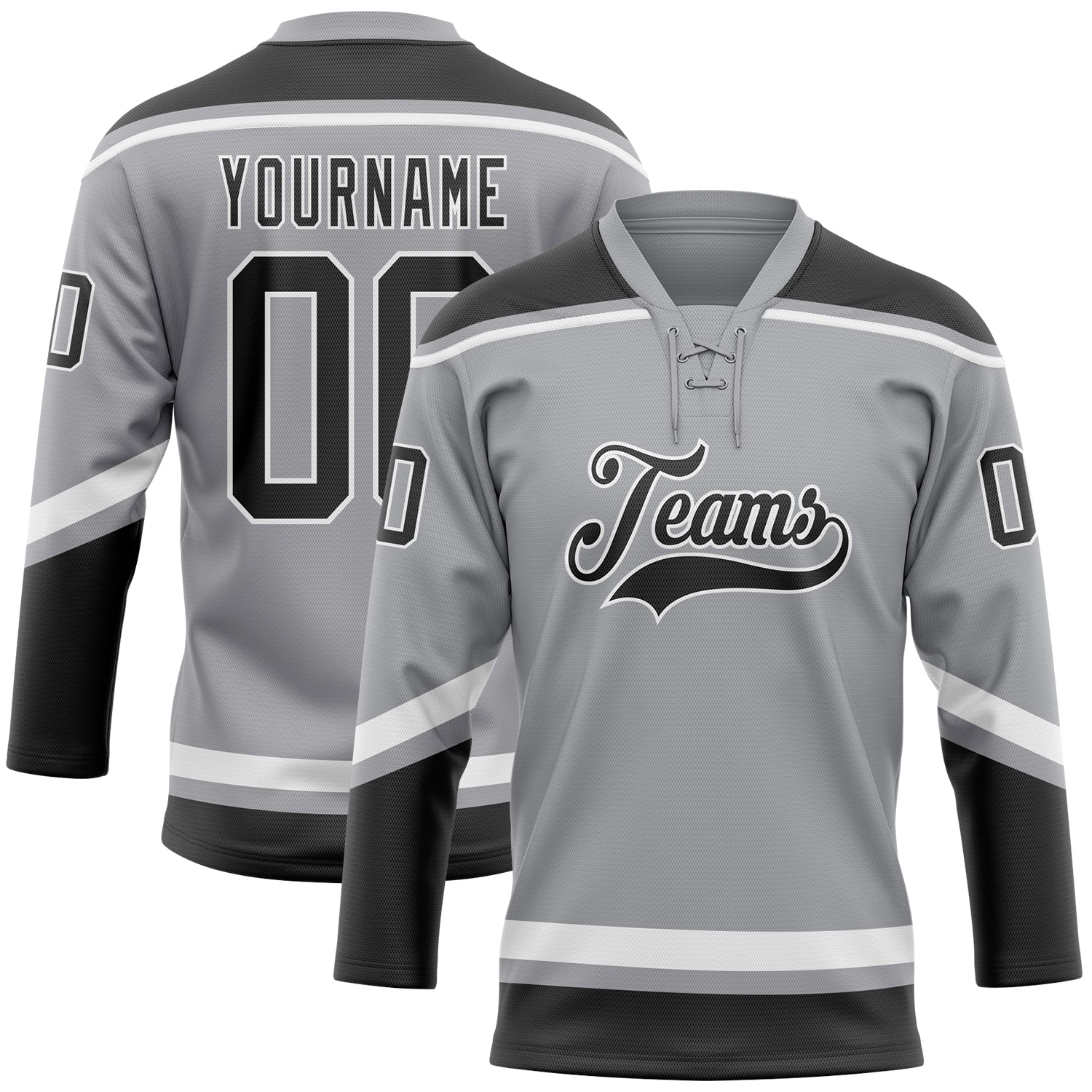 Custom Team Jersey with Personalized Name & Number - Gray Black-White Hockey Lace Neck Personalized Gray Black-White Hockey