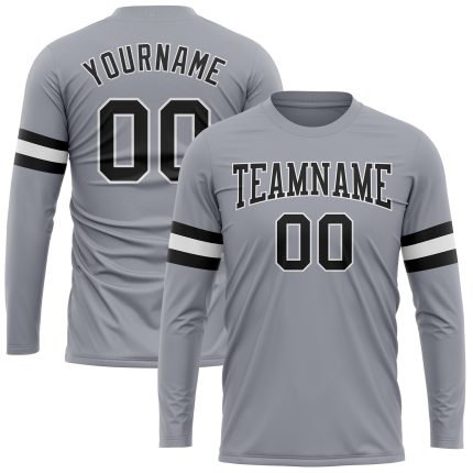 Custom Team Name Number Performance T-Shirt - Personalized Gray Black-White Long Sleeve Top Personalized Gray Black-White