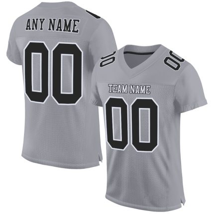 Custom Personalized Gray and Black Football Jersey with Name and Number - Authentic Mesh Team Apparel Personalized Gray Black-White