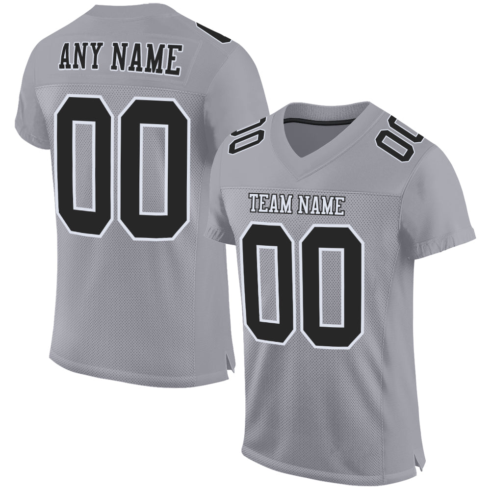 Custom Personalized Gray and Black Football Jersey with Name and Number - Authentic Mesh Team Apparel Personalized Gray Black-White