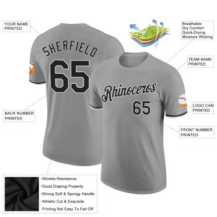 Custom Team Name and Number Performance T-Shirt - Personalized Gray Black-White Design for Sports Personalized Gray Black-White
