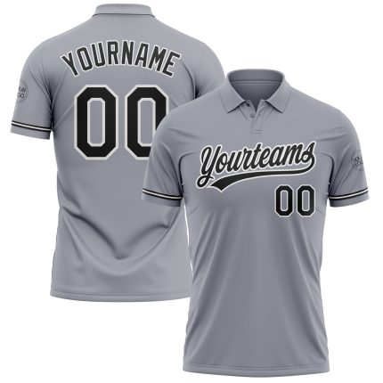 Custom Name and Number Gray Black-White Performance Vapor Golf Polo Shirt Personalized Gray Black-White Performance Vapor