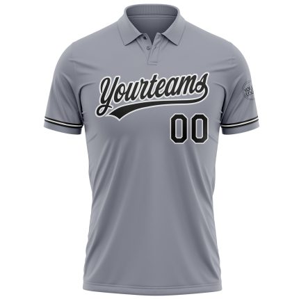 Custom Name and Number Gray Black-White Performance Vapor Golf Polo Shirt Personalized Gray Black-White Performance Vapor